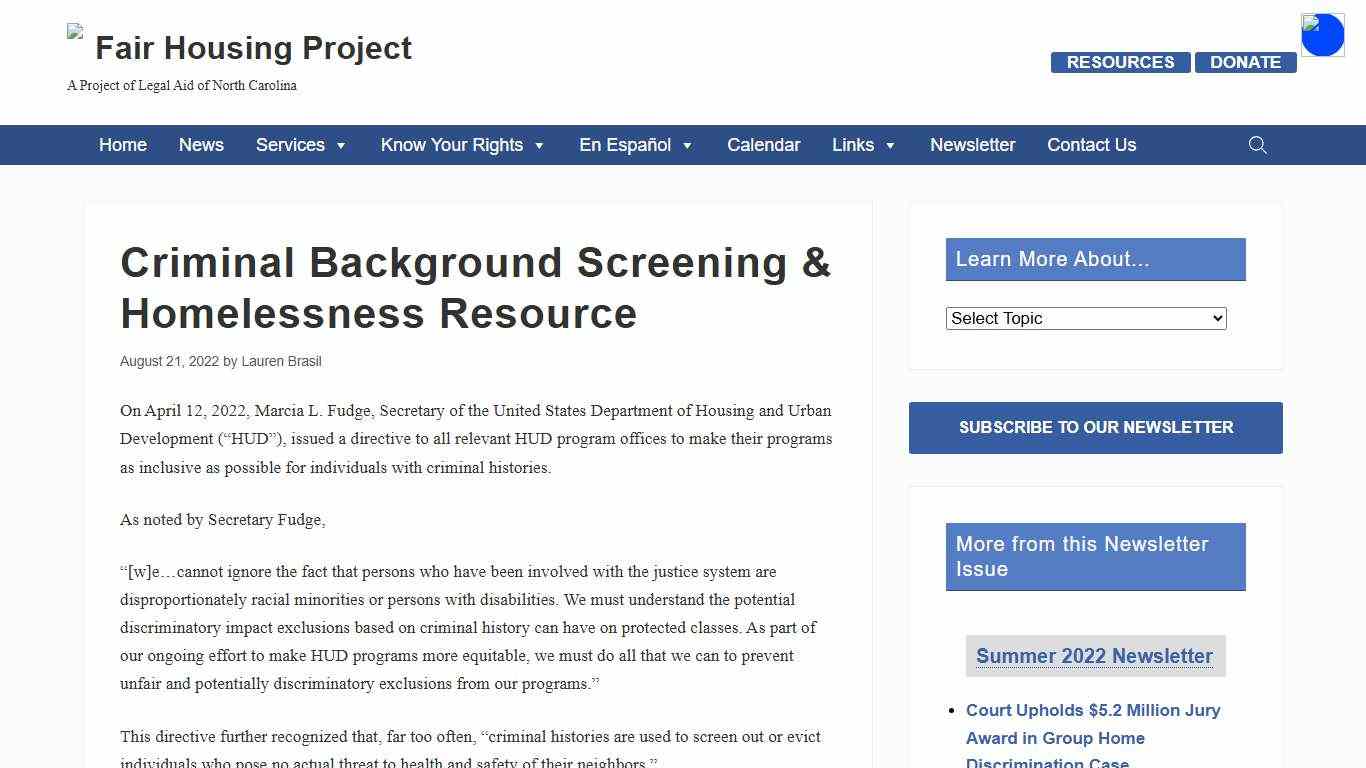 Criminal Background Screening & Homelessness Resource — Fair Housing Project