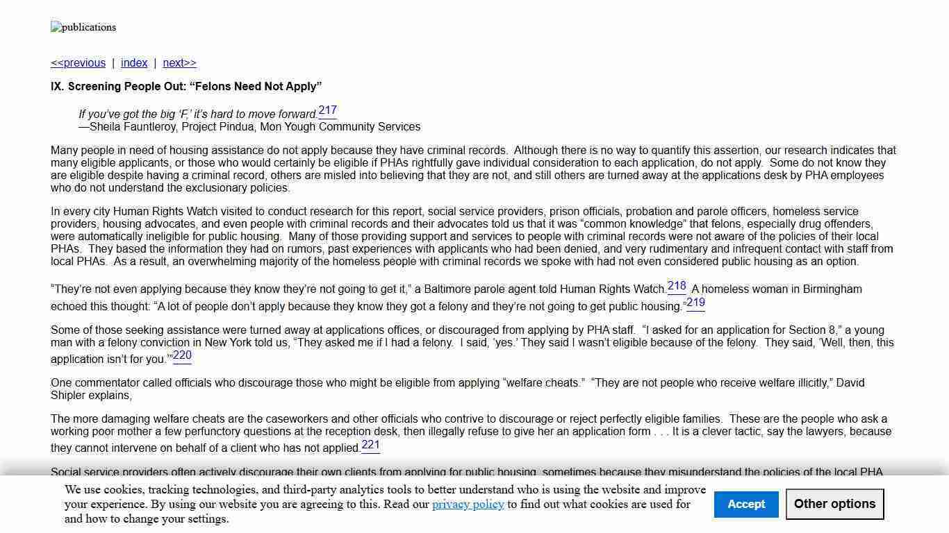No Second Chance: People with Criminal Records Denied Access to Public Housing: IX. Screening People Out: Felons Need Not Apply