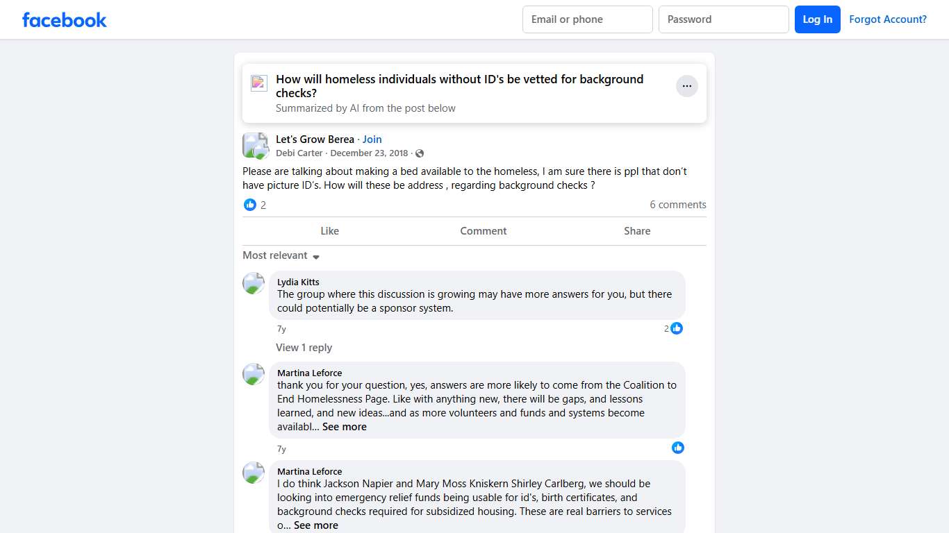 Let's Grow Berea | Please are talking about making a bed available to the homeless, I am sure there is ppl that don’t have picture ID’s | Facebook